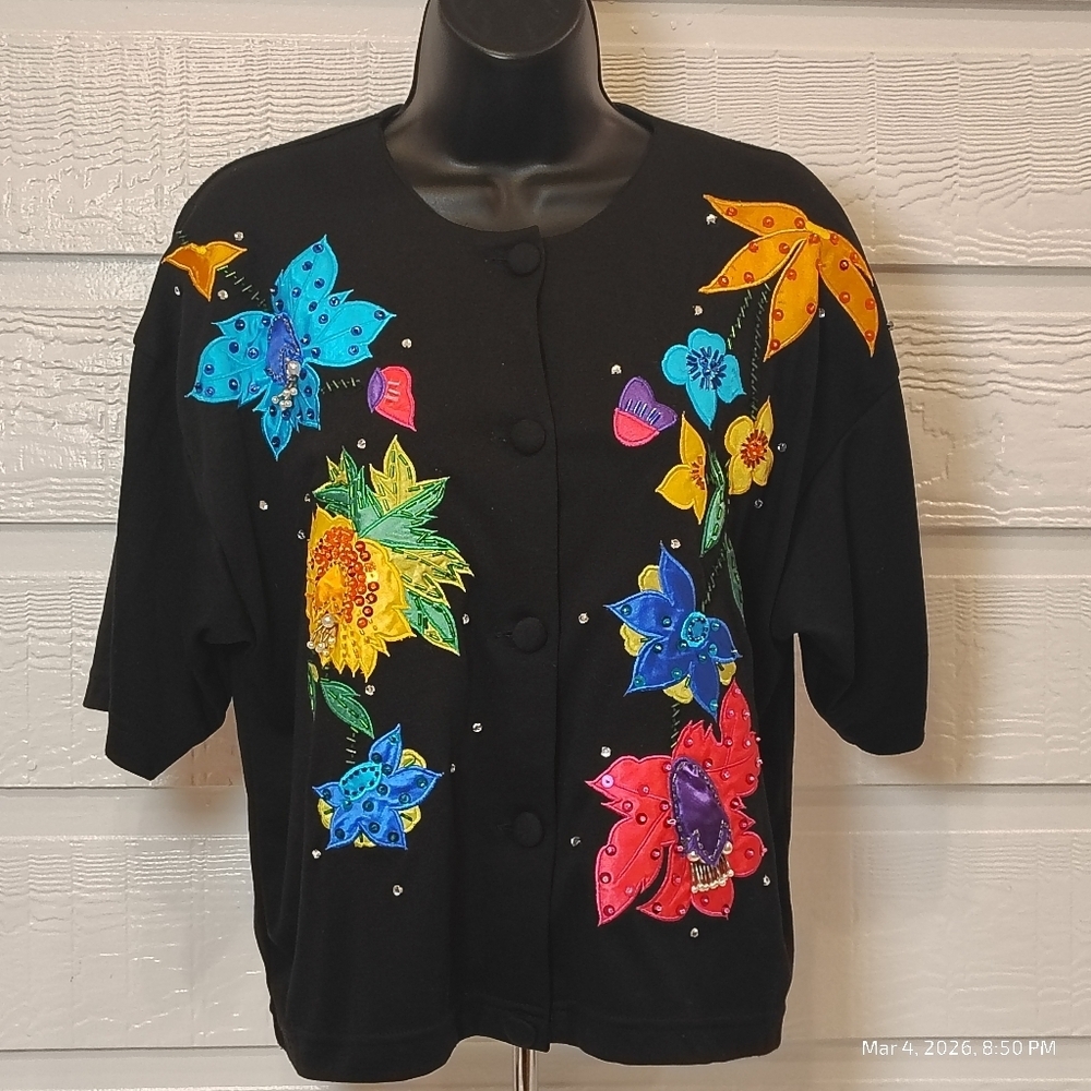 VTG Lisa Ashley SZ M Colorful Floral 3D‎ FLORAL EMBELLISHED S.S. CARDIGAN ARTSY